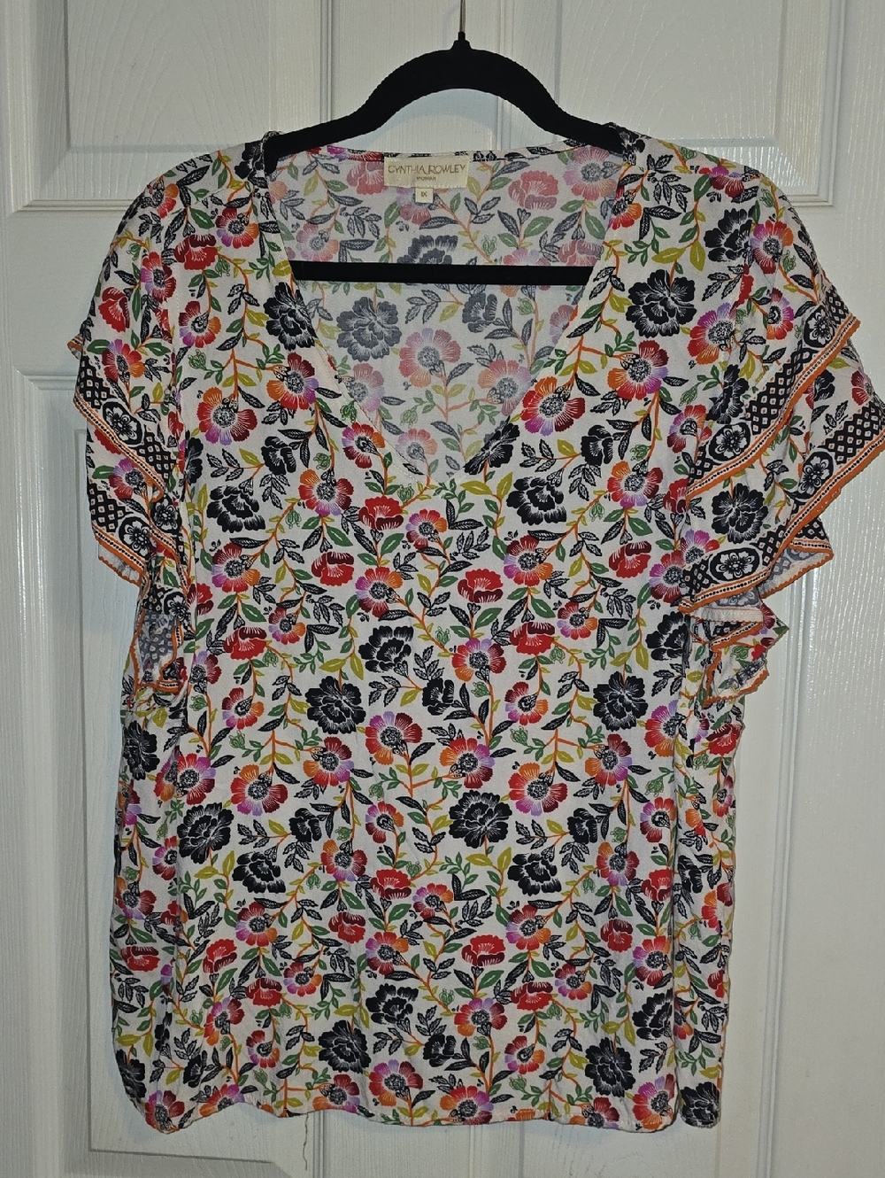 Cynthia Rowley White Multicolor Floral V-Neck Flutter Sleeve Blouse